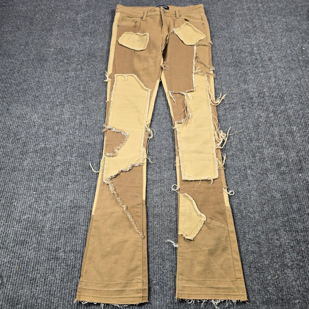 PHEELINGS Jeans Mens 32x34 Brown Flared Slim Distressed Fringe Stretch Patchwork